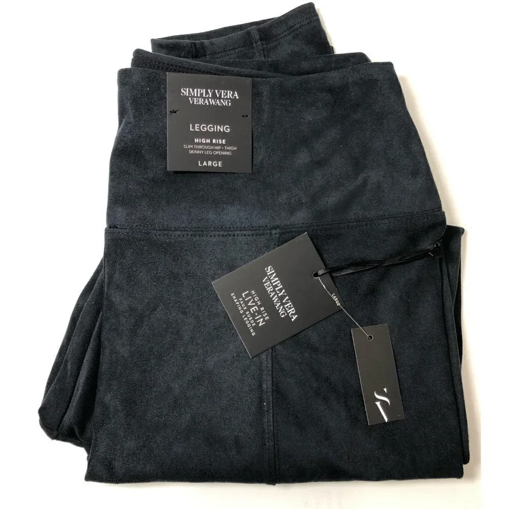 Simply Vera Wang Womens Black High Rise Faux Suede Pull On Leggings Sz L New